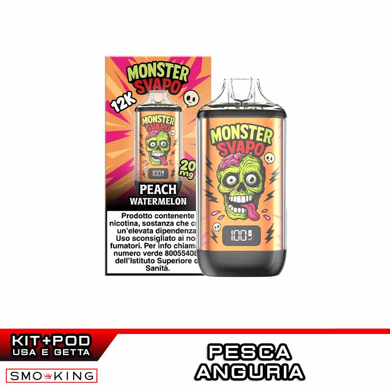 Kit Monster Svapo 12K Peach Watermelon: batteria ricaricabile con display e pod precaricata da 20 mg